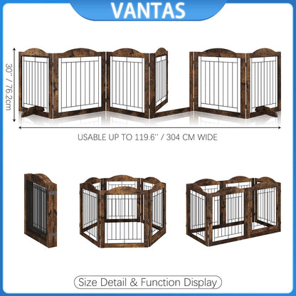Vantas Espresso Wooden Folding Dog Gate 144" Wide x 30" Tall with Door, Freestanding Pet Gate, Pet Puppy Safety Fence