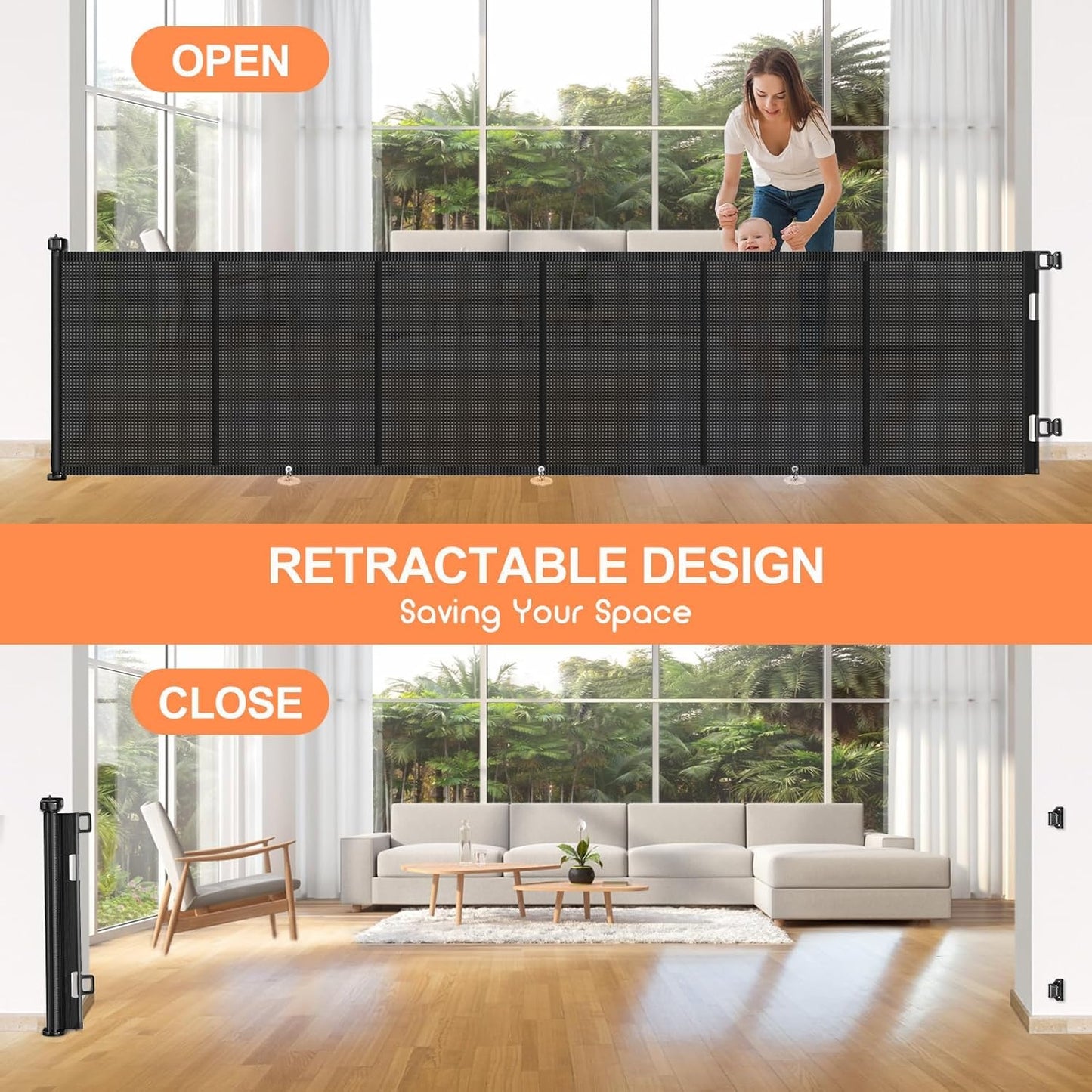 Upgrade 120 inch Retractable Baby Gates, EZIGO Extra Wide Baby Gate for Large Opening Extra Long Mesh Gate for Kids or Pet Dog Gate Child Safety Gate for Stairs Hallways Doorway Indoor Outdoor, Gray
