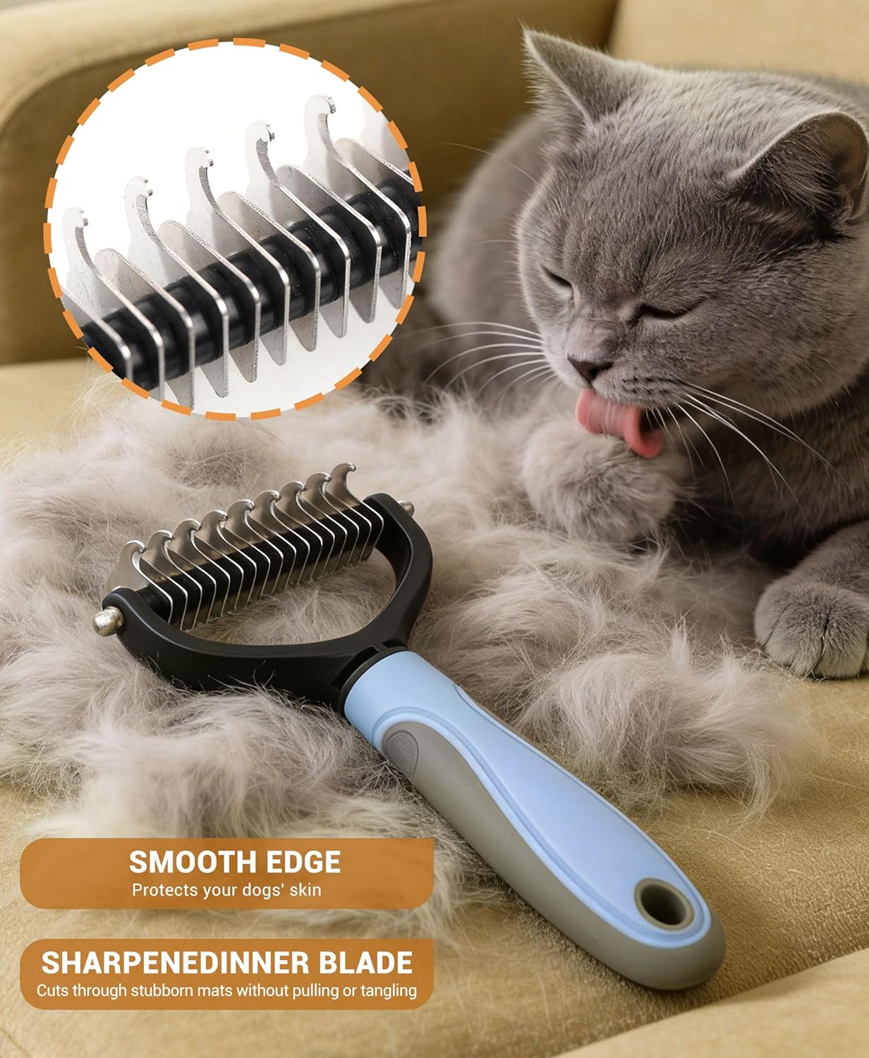 Double Row Undercoat Rake for Dogs & Cats - Wooden Handle Metal Dog Comb, Pet Grooming Dog Rake for Deshedding & Detangling