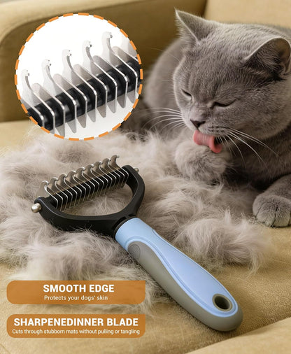 Double Row Undercoat Rake for Dogs & Cats - Wooden Handle Metal Dog Comb, Pet Grooming Dog Rake for Deshedding & Detangling