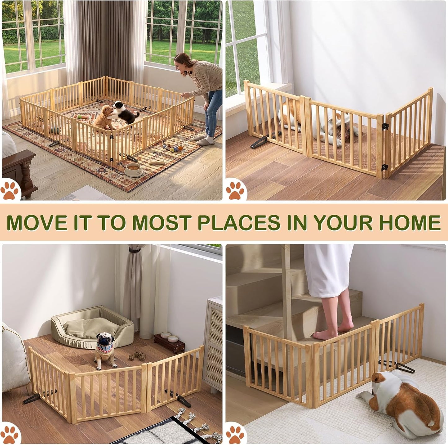 Wooden Freestanding Dog Gates,23" H Foldable Wood Pet Gate Indoor, No-Painted Puppy Gate for Doorways, Stairs, 23" Height-2 Panels