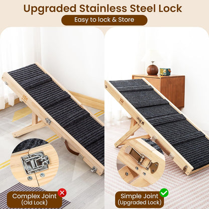 Upgraded 2026 MYUNIK Adjustable Small Dog Ramp 37.8" Foldable Solid Wood Pet Small Ramp with 5 Heights 13.6–21.5", Non-Slip Carpet Handle Ramp for Bed Couch Sofa & Car