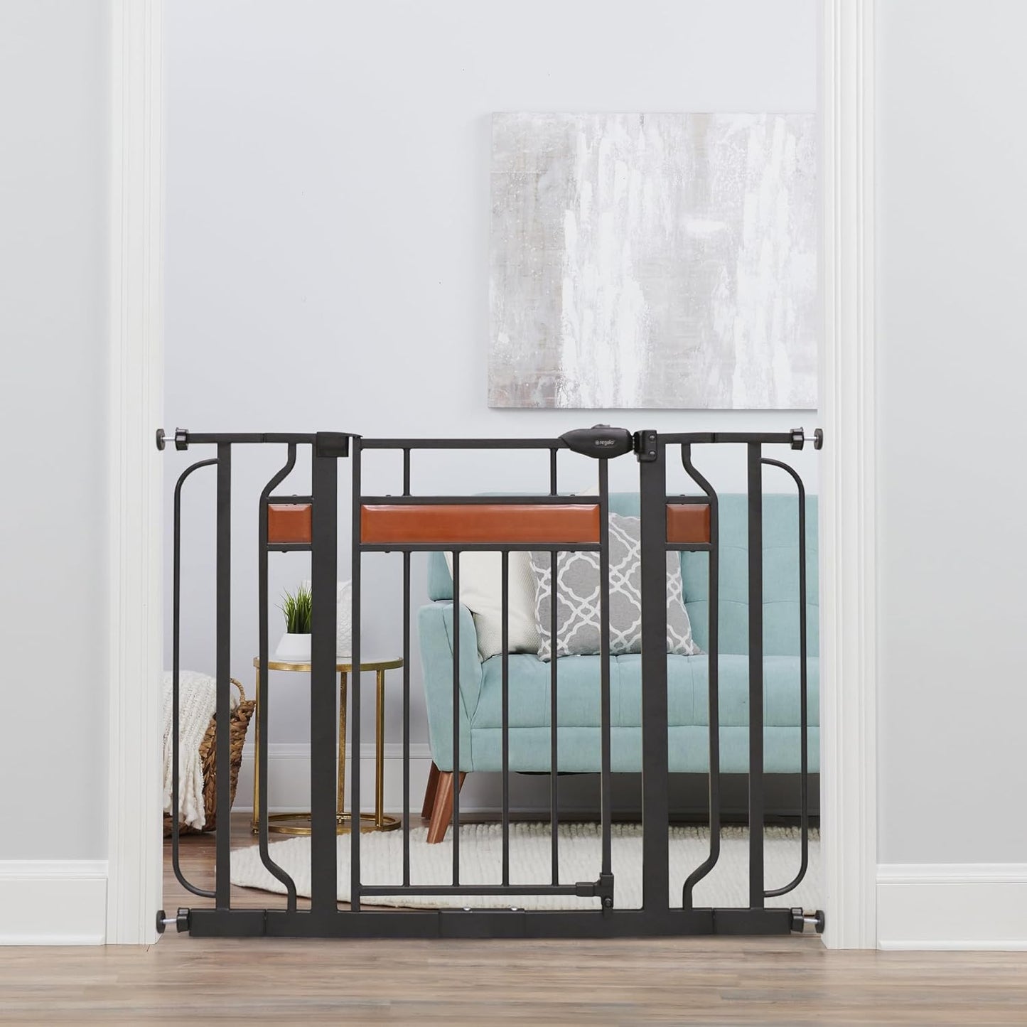 Regalo Safety 30.5-58" Extra Wide Arch Baby Gate with Door, Pressure Mount Walk Through Gate for Doorways & Bottom of Stairs, Babies, Toddlers & Pets, Tested & Safe, American Designed, American Owned