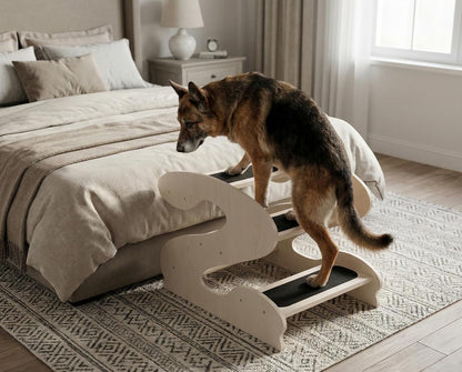Wooden Dog Stairs Steps for Bed,3Steps,Small or Senior Dogs for Pet LUNDERLAND Design,16¾"Wx23¼Dx19⅜H RedWalnutWood GrainPattern