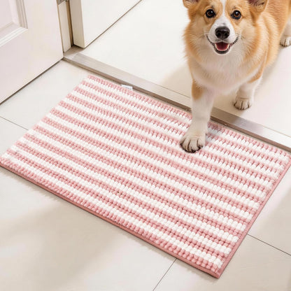 pobopobo Dog Door Mat for Muddy Paws - Absorbent & Washable Chenille Rug, Non-Slip Dirt Trapper for Indoor Outdoor Entryway, Quick Dry Pet Mat for Muddy Dogs (Striped Gray-Blue&White, 24" x 16")