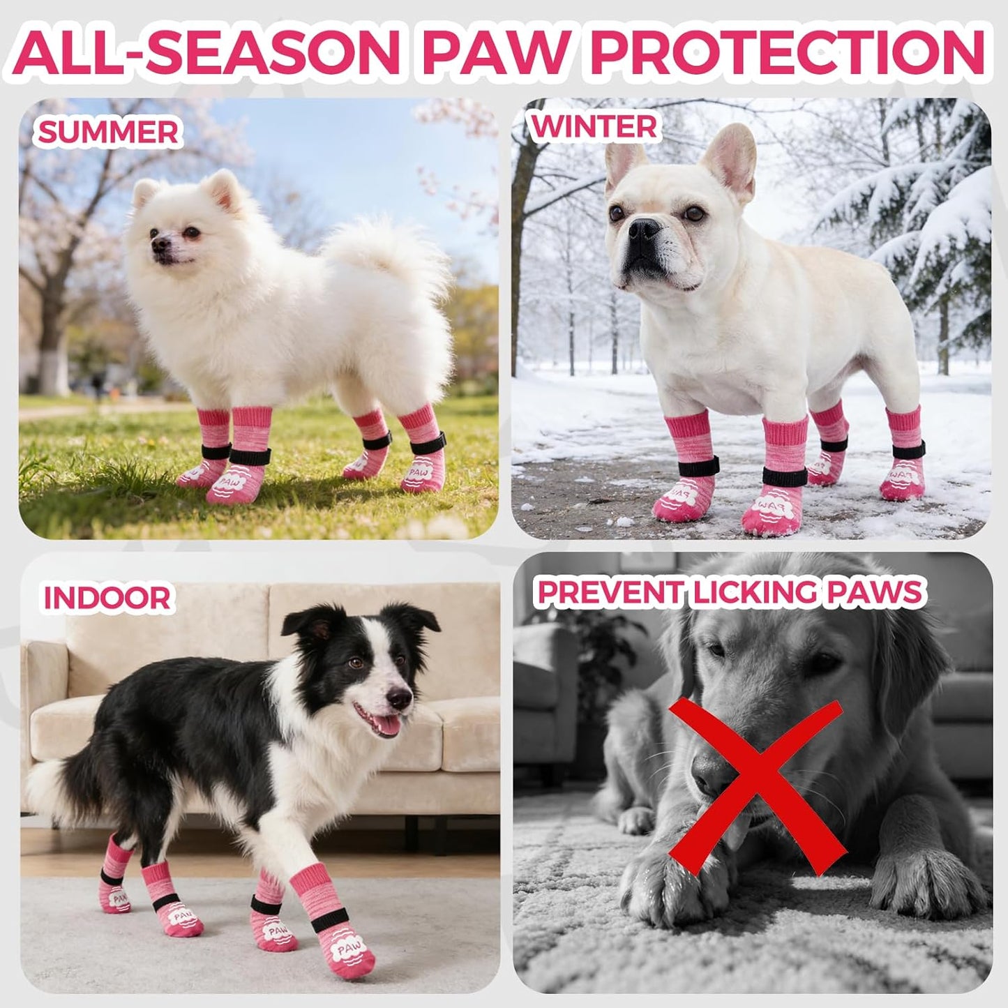 BINGPET Dog Socks to Prevent Licking Paws -Dog Shoes for Hot Pavement,Extra-Thick Grippy Dogs Sock for Hardwood Floors Anti-Slip,4Pcs All-Weather Boots Paw Protector for Small Medium Large Senior Dogs