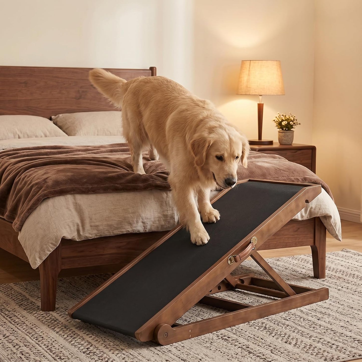 Dog Ramp for Bed, Adjustable Pet Ramps for Dog to Get on Bed, Non-Slip Rubber Surface - Folding Wooden Dog Ramp for Small/Large/Old Dogs, Adjustable up to 27.5 inch High Beds, Safety Railings