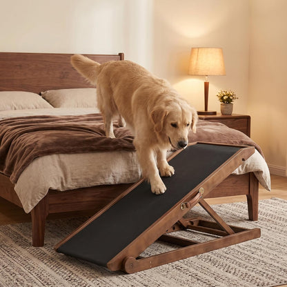Dog Ramp for Bed, Adjustable Pet Ramps for Dog to Get on Bed, Non-Slip Rubber Surface - Folding Wooden Dog Ramp for Small/Large/Old Dogs, Adjustable up to 27.5 inch High Beds, Safety Railings