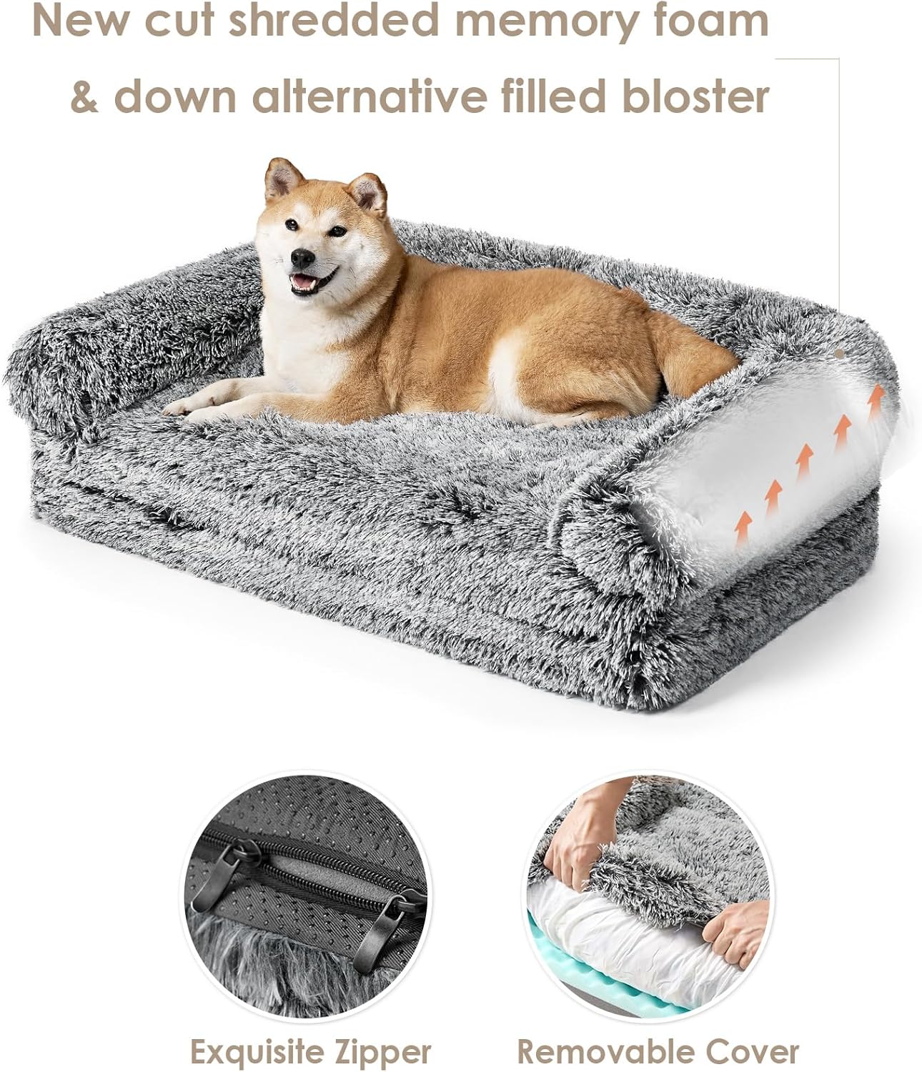 EHEYCIGA Foldable XXL Dog Bed for Large Sized Dog, 54"x38"x7.5" Faux Fur Fluffy Pet Couch Bed, Orthopedic Calming Memory Foam Big Pet Bed, Washable Pet Sofa Bed with Non-Slip Bottom, Dark Grey