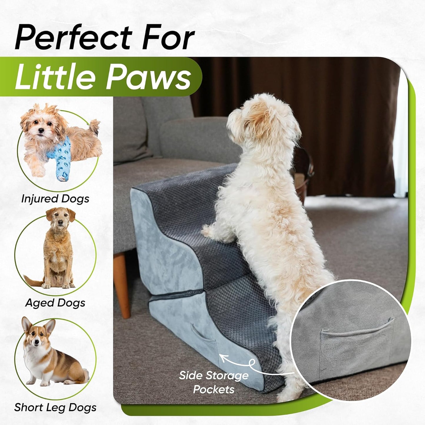 Dog Stairs for Bed & Couch – BuddyRamp 2-in-1 Foldable Dog Stairs and Ramp, 3-Step Pet Stairs Converts to Gentle Ramp, Non-Slip Soft Foam Steps for Small Dogs & Senior Pets