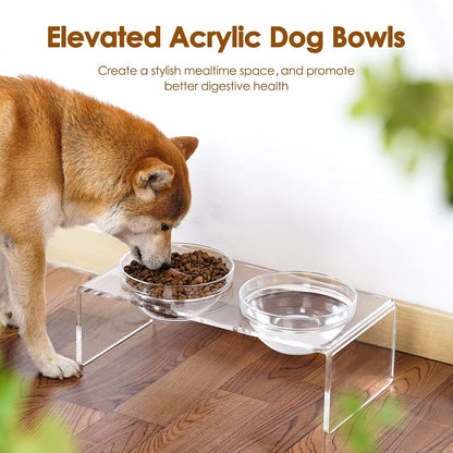 Acrylic Elevated Dog Cat Bowls Pet Feeder Double Bowl Raised Stand Comes with 4 Removable Stainless Steel Bowls. Perfect for Cats Puppies Small Dogs, 3.75 Inch