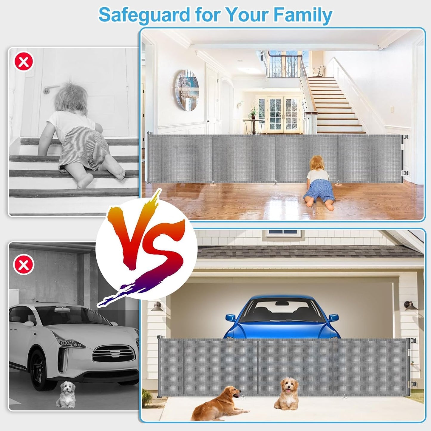 Upgrade 120 inch Retractable Baby Gates, EZIGO Extra Wide Baby Gate for Large Opening Extra Long Mesh Gate for Kids or Pet Dog Gate Child Safety Gate for Stairs Hallways Doorway Indoor Outdoor, Gray