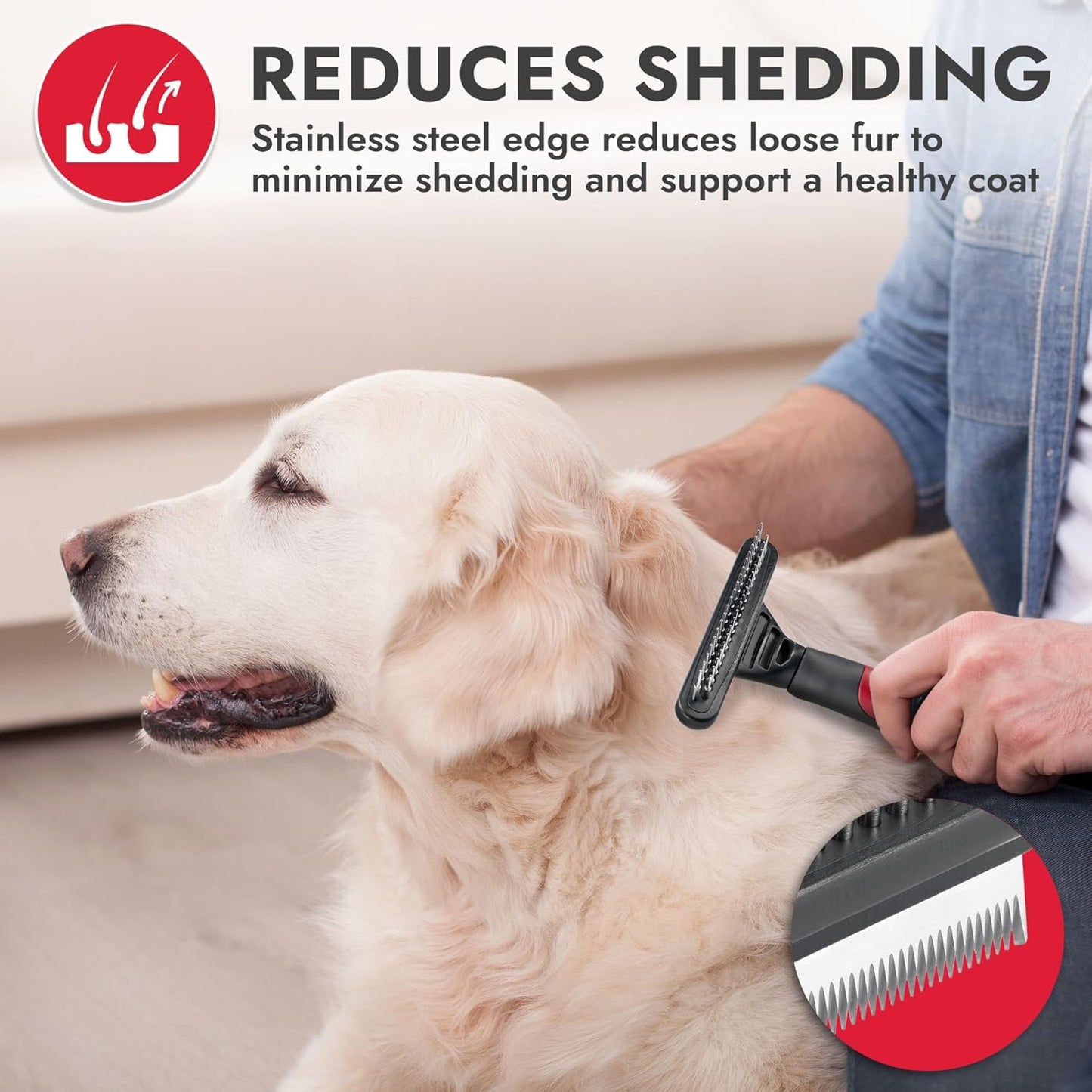 KONG Double-Sided Rake & Deshedding Tool – Detangling & Shedding Control, Rounded Metal Tips, Non-Slip Grip, for Medium to Large Dogs with Medium to Long Coats, Red/Gray