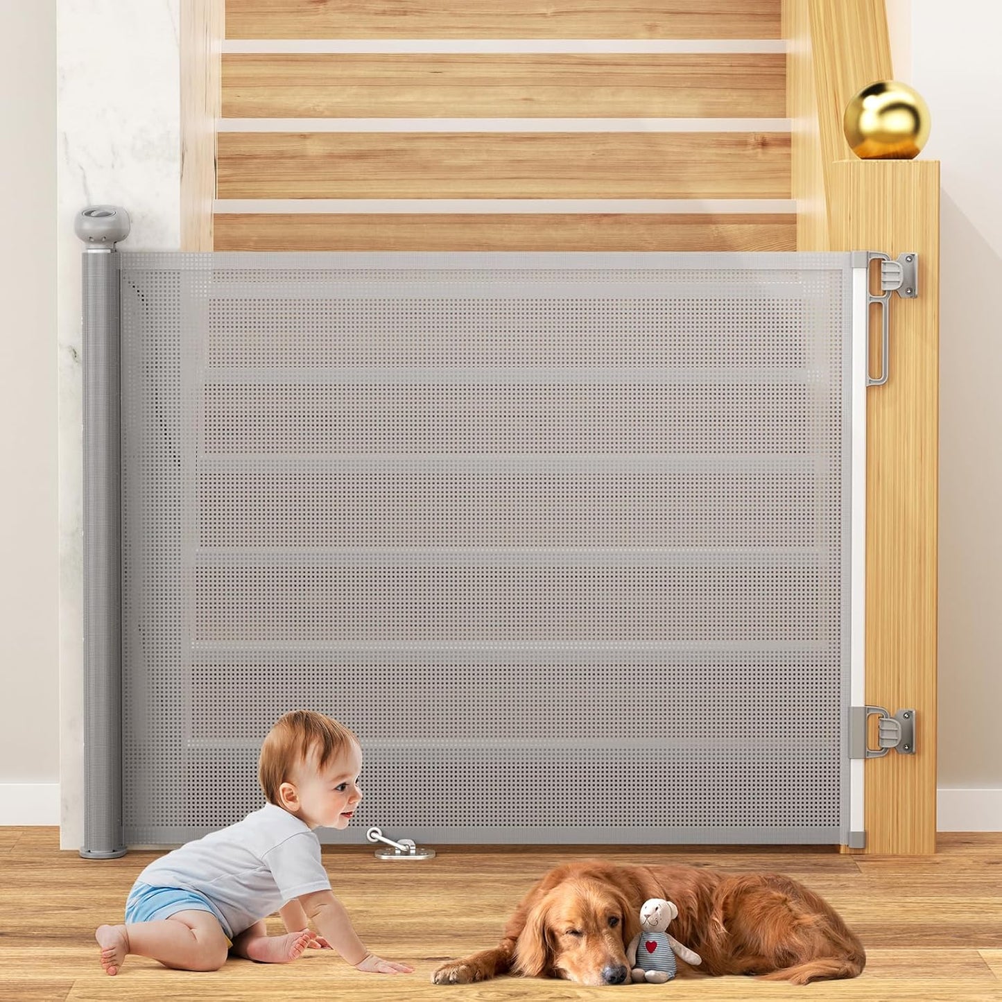 Uamector 138-Inch Extra Wide Retractable Baby Gate & Dog Gate, Reinforced Mesh Safety Gate Adjustable for Large Openings - Stairs, Doorways, Hallways - Indoor/Outdoor Use