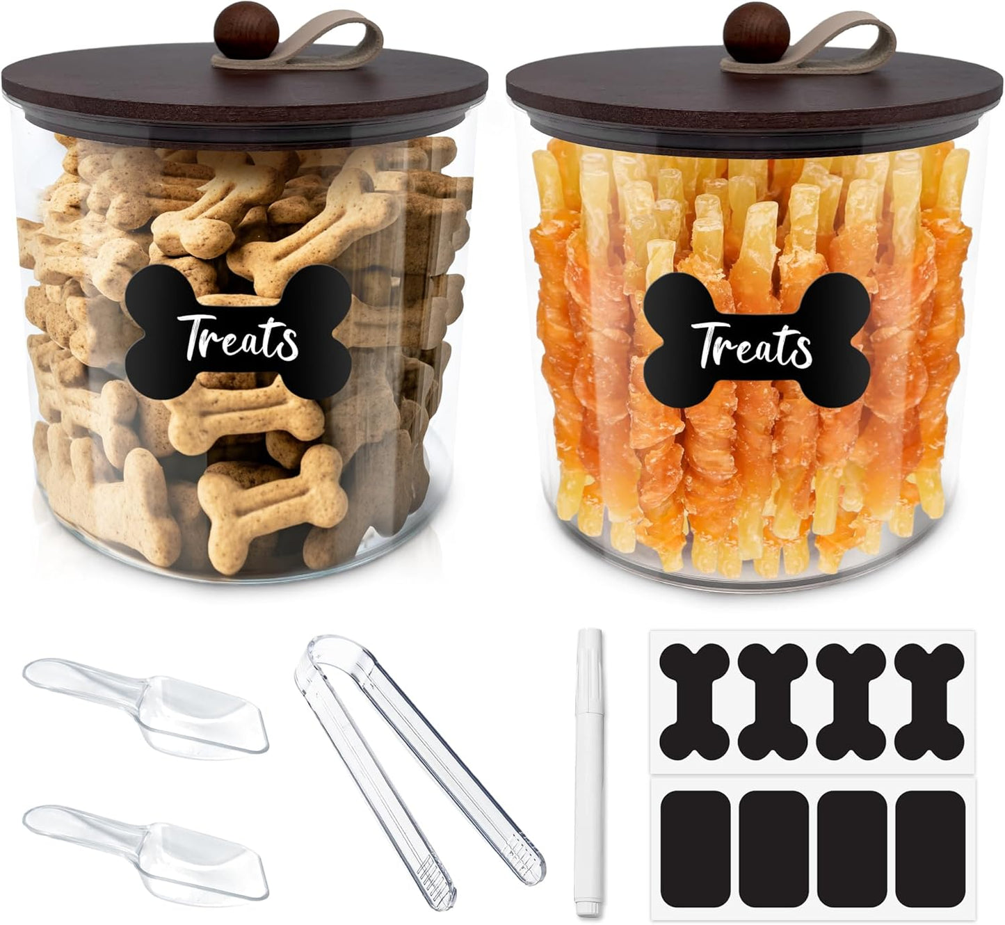 HOYTAMDAR 3 Pack Airtight Dog Food Storage Container, Dog Treat Container Dog Food Container with Wood Lids 8x7''&6x5'',Pet Food Storage Container,Cat Food Containers with Scoops,Clamp,Labels,Pens