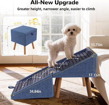 17.13" H Dog Stairs for Small Dogs, 2-in-1 Pet Steps & Ottoman - Foldable Dog Stairs for Couch, Non-Slip Wooden Pet Stairs for Puppy Senior Injured Dogs