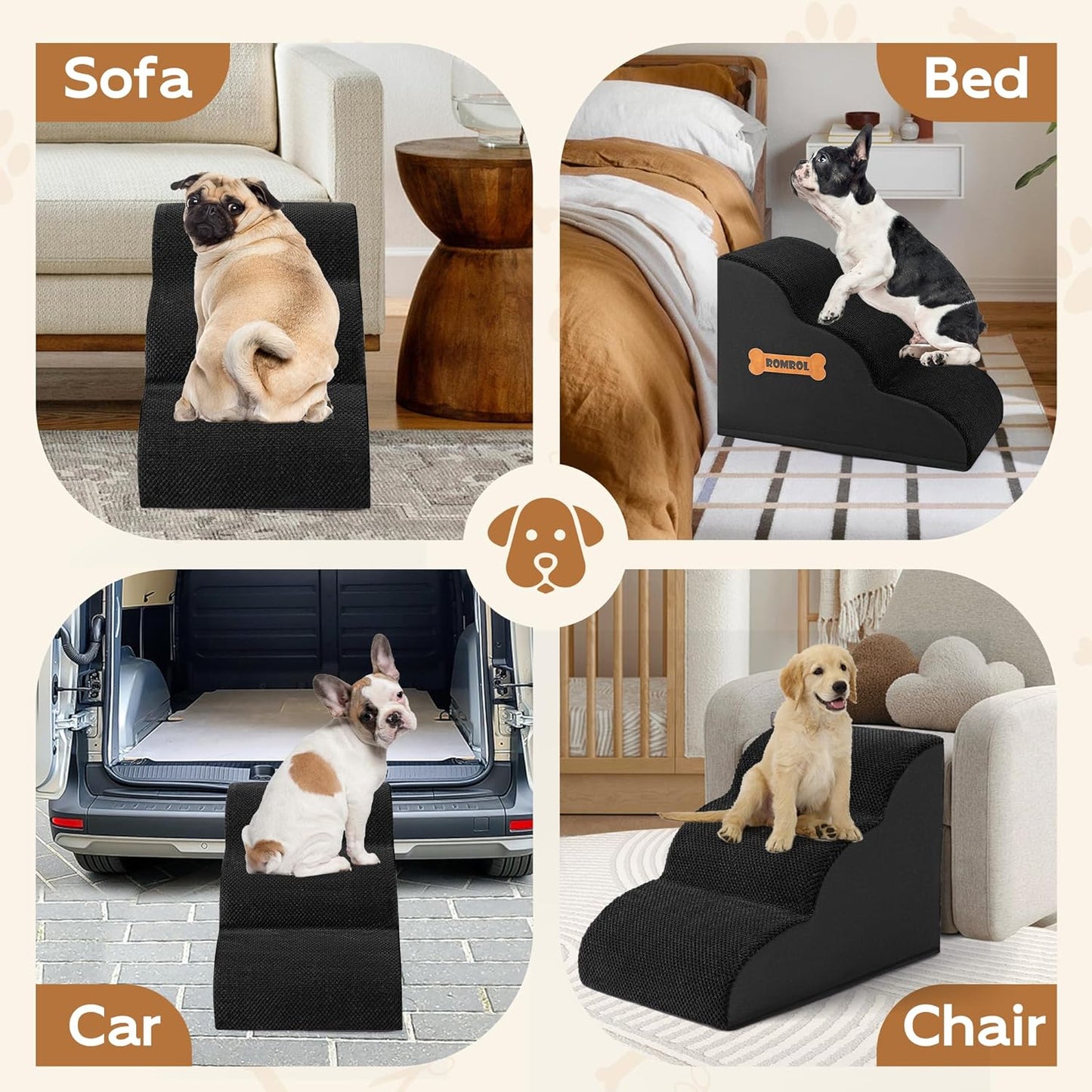 Romrol Dog Stairs Ramp for High Beds Couches, High Density Foam Pet Steps with Durable Non-Slip Waterproof Fabric Cover, Dog Stairs for Small Dogs or Cats or Pets, 5-Step, 22 Inch, Grey