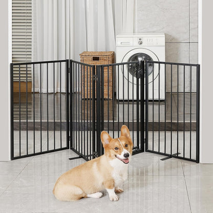 Metal Freestanding Dog Gates with Door for Outdoor Indoor,80'' Extra Wide 32'' Tall Free Standing Dog Gate for Doorways,Large Openings,Deck,Yard,Foldable Safety Pet Fence(Black,4 Panels)
