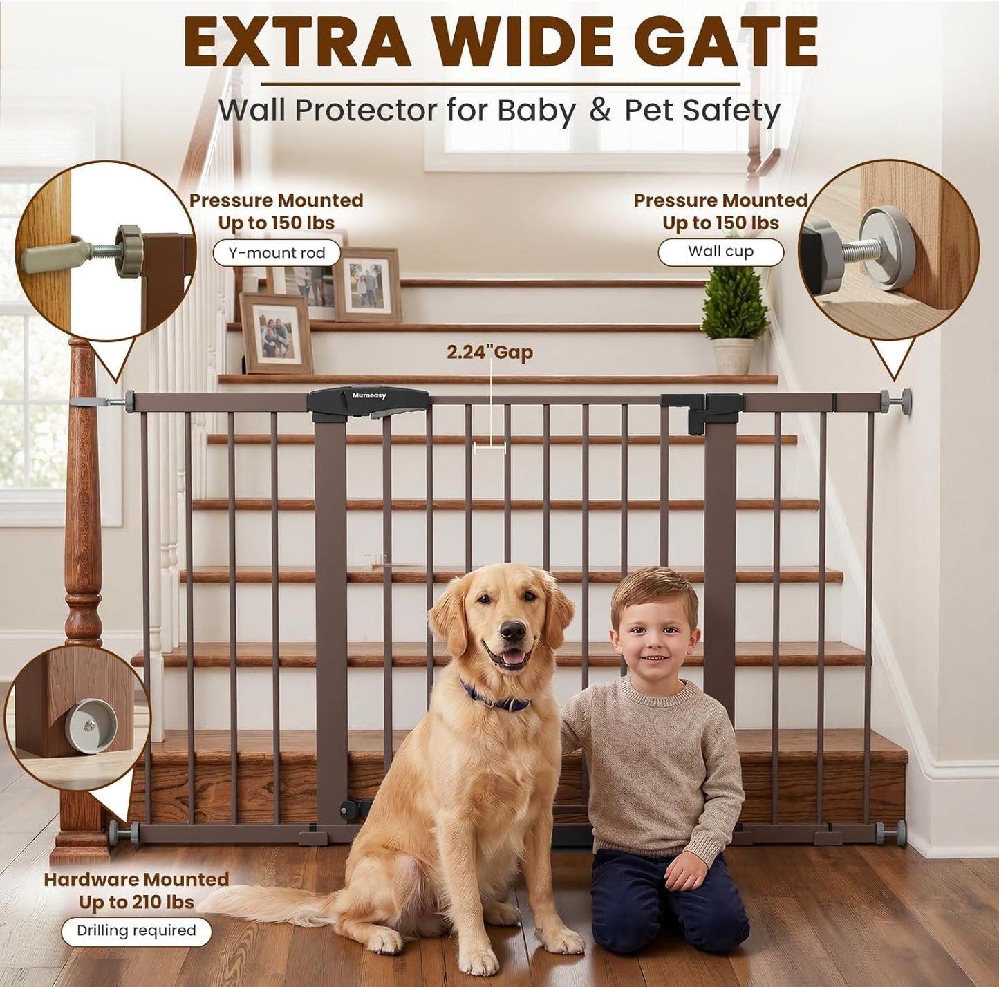 Mumeasy Baby Gate Extra Wide, 29.7-51'' Pressure Mounted Dog Gate with Walk Thru Door, Auto Close Pet Gate for House, Stairs, Doorways,Black