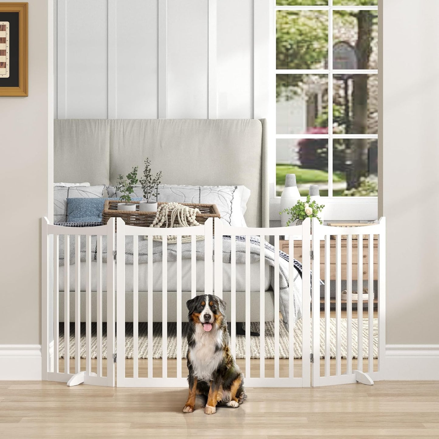 Topeakmart Dog Fence Indoor 36" Tall 4-Panels Wooden Foldable Dog Gate for Pets with 2 Support Feet Freestanding Pet Barrier for Doorways, Porch, Stairs, Kitchen White 79.5" L × 36" H