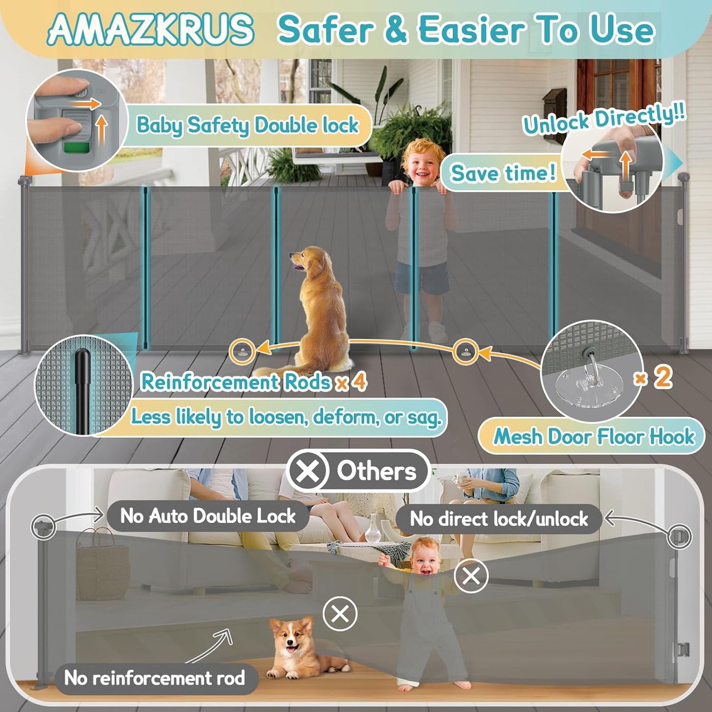 160 Inch Retractable Baby Gates Extra Wide, 42 Inch Extra Tall Retractable Gate, 13 FT Reinforced Retractable Dog Gate with Reinforcement Rod to Prevent Crawling Through, for Doorways, Stairs, Hallway