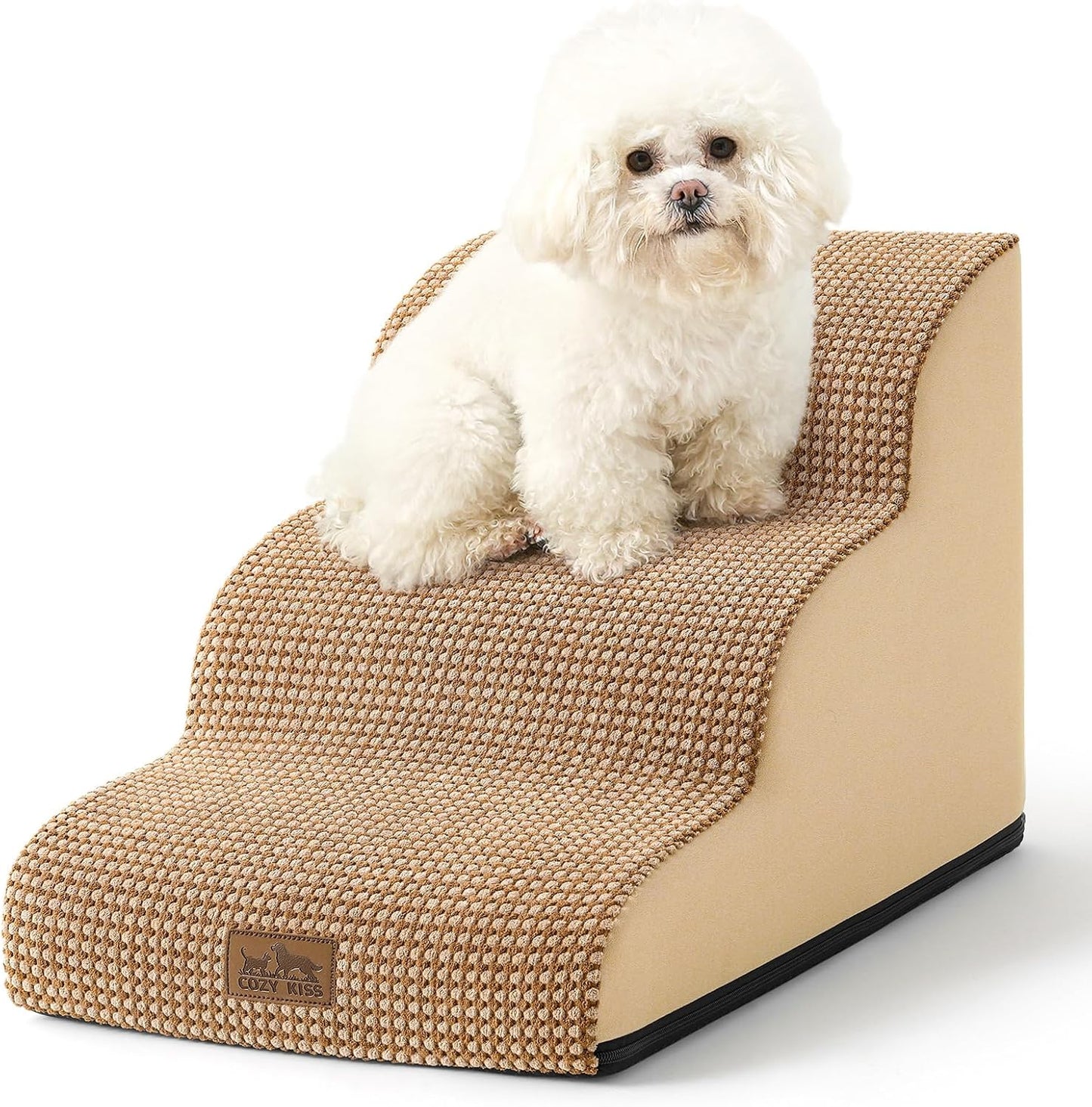 COZY KISS Dog Stairs for Small Dogs 15.7" H, Curved Dog Step for Puppy, Older Cat, Medium Pet Ramp for Sofa, Couch or Chair, Ladder with High Density Foam, 3 Step, 15.7x22.4x15.7 inch, Beige