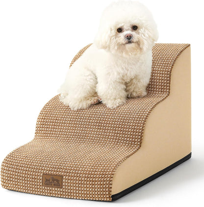 COZY KISS Dog Stairs for Small Dogs 15.7" H, Curved Dog Step for Puppy, Older Cat, Medium Pet Ramp for Sofa, Couch or Chair, Ladder with High Density Foam, 3 Step, 15.7x22.4x15.7 inch, Beige
