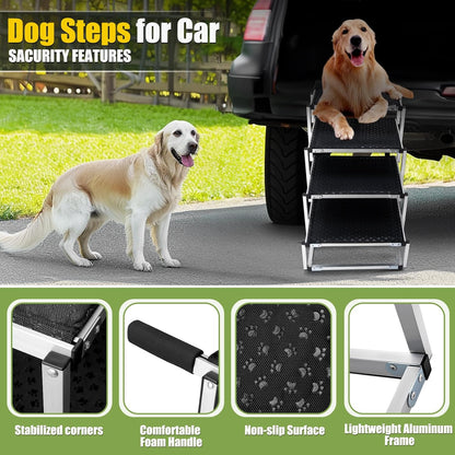 Foldable Dog Stairs with Non-Slip Surface - Portable Aluminum Dog Steps for Trucks, SUVs & Cars - 4 Steps