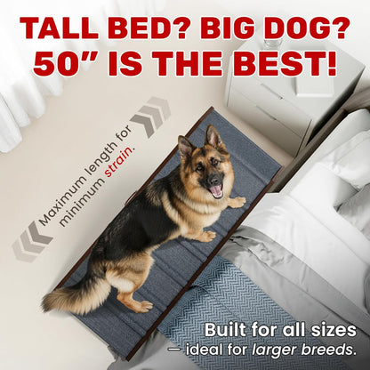 Adjustable Dog Ramp - 50" L x 18.5" W Ramp for Large Dogs to Get on Bed with 6 Incline Levels & Non-Slip Traction Carpet - Also Ideal for Medium & Large Breeds (Natural)