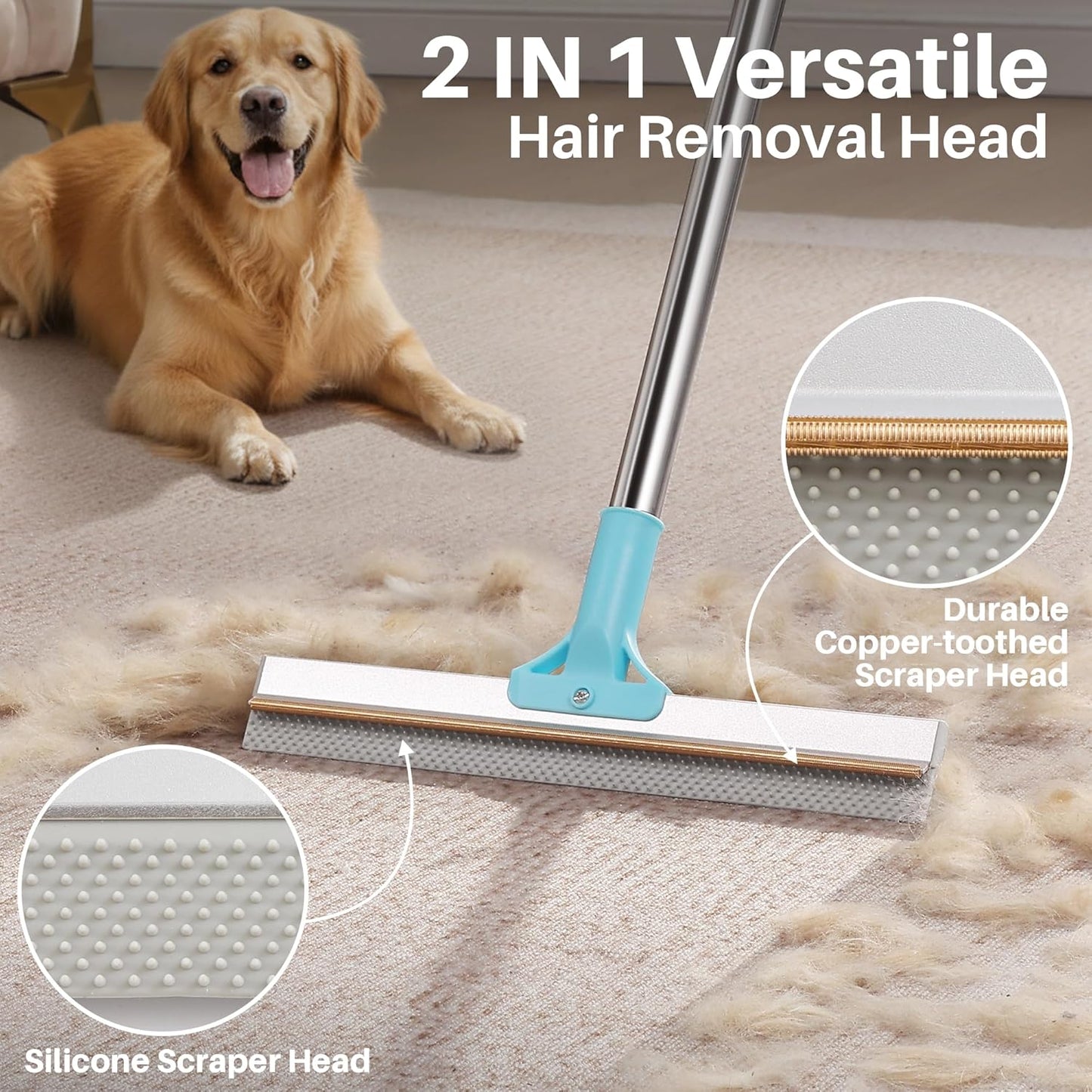 JOYMOOP Carpet Rake for Pet Hair Removal, 63" Adjustable Long Handle Pet Hair Removal Tool, Cat Dog Hair Carpet Rake with Metal and Silicone Scraper for Carpet, Sofa, Cloth