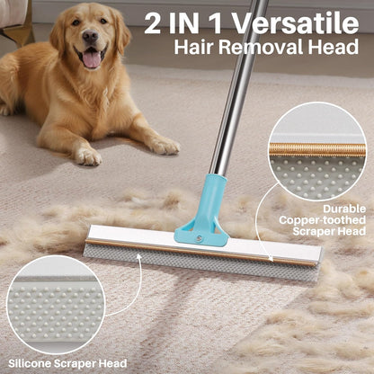 JOYMOOP Carpet Rake for Pet Hair Removal, 63" Adjustable Long Handle Pet Hair Removal Tool, Cat Dog Hair Carpet Rake with Metal and Silicone Scraper for Carpet, Sofa, Cloth