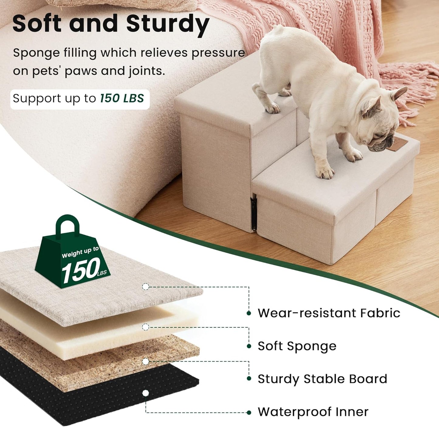 Love's cabin Dog Stairs with Storage 13" H, Foldable Pet Stairs for Small Medium or Large Dogs, Cat Puppy Steps Ramp with Zip up to 150 lbs, Solid Grey, 2 Steps