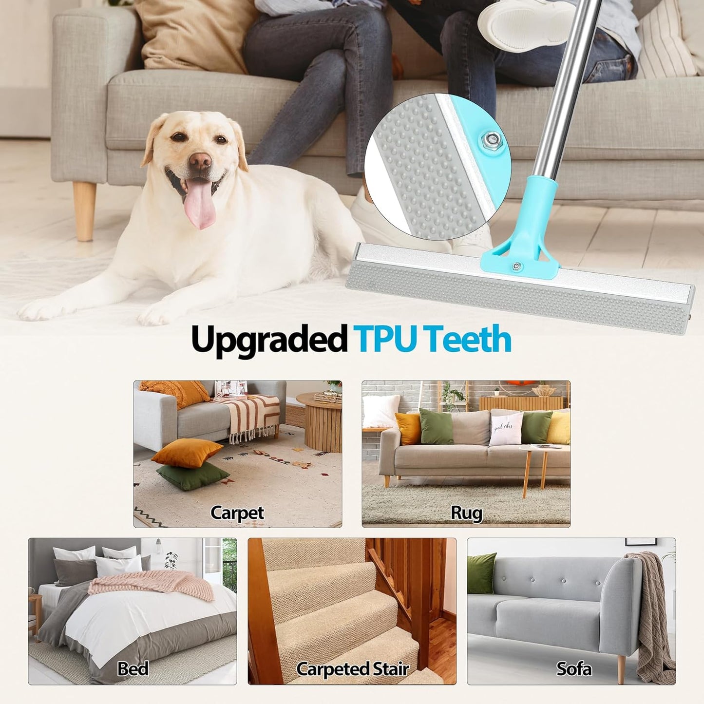 Carpet Rake for Pet Hair Removal Tool, 2 in 1 TPU and Copper Rake Teeth, Uproot Clean Hair Remover with 54’’ Adjustable Long Handle, Reusable Cat & Dog Fur Broom for Carpets,Rugs, Mats,Car