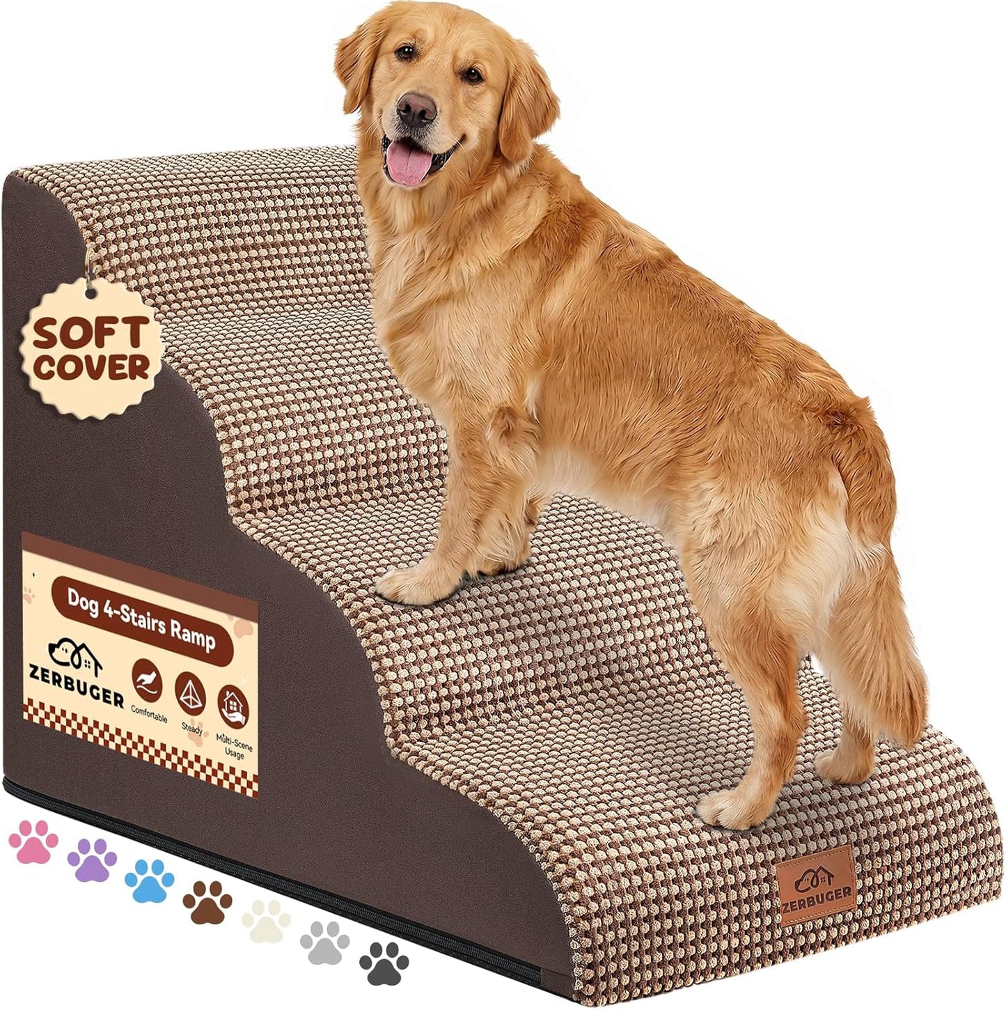 Zerbuger Dog Ramp and Stair for Bed 16" H-20 H,3-Step Cat Stair for Sofa and Chair,4-Step Dog Ramp for High Bed and Window,Durable Nonslip Fabric Cover for Indoor (Coffee-16 H, Pet Friendly, 3)