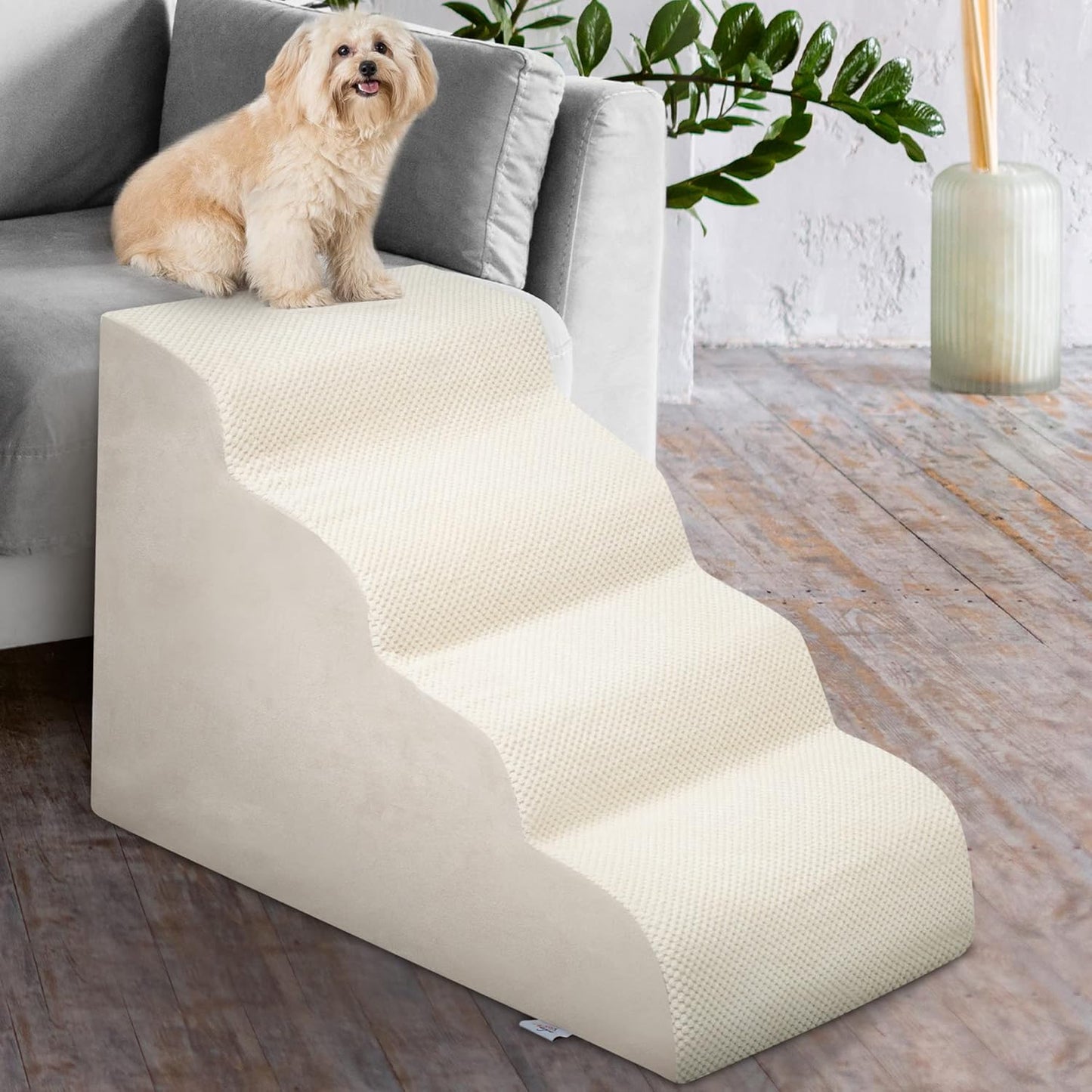 Dog Stairs for Small Dogs - High Density Foam Dog Ramp, Extra Wide Pet Steps with Non-Slip Bottom for High Beds, Couche and Sofa, Best for Pet Injured, Older Dogs Cats (Grey, 4 Steps)
