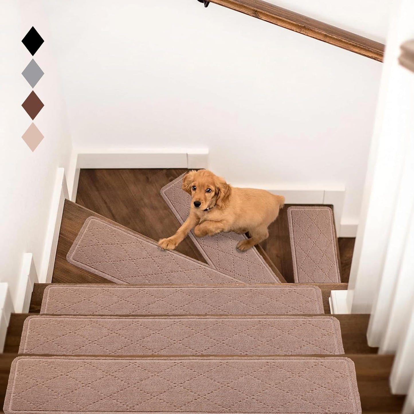 RIOLAND Carpet Stair Treads for Wooden Steps Indoor 9" x 36" Non Slip Stair Treads for Wood Stair with Reusable Adhesive, 15 Pack Peel and Stick Stair Runner for Kids Elders and Dogs, Diamond Gray