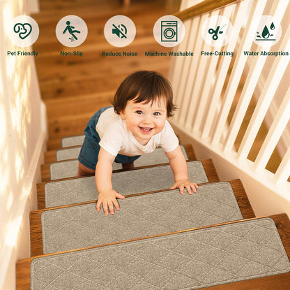 Stair Treads Non-Slip for Wooden Steps, 15Pack - 8" x 30" Edging Stair Runner Indoor for Kids Elders & Pets, Washable Carpet Stair Treads with Peel & Stick Reusable TPE Backing, Beige