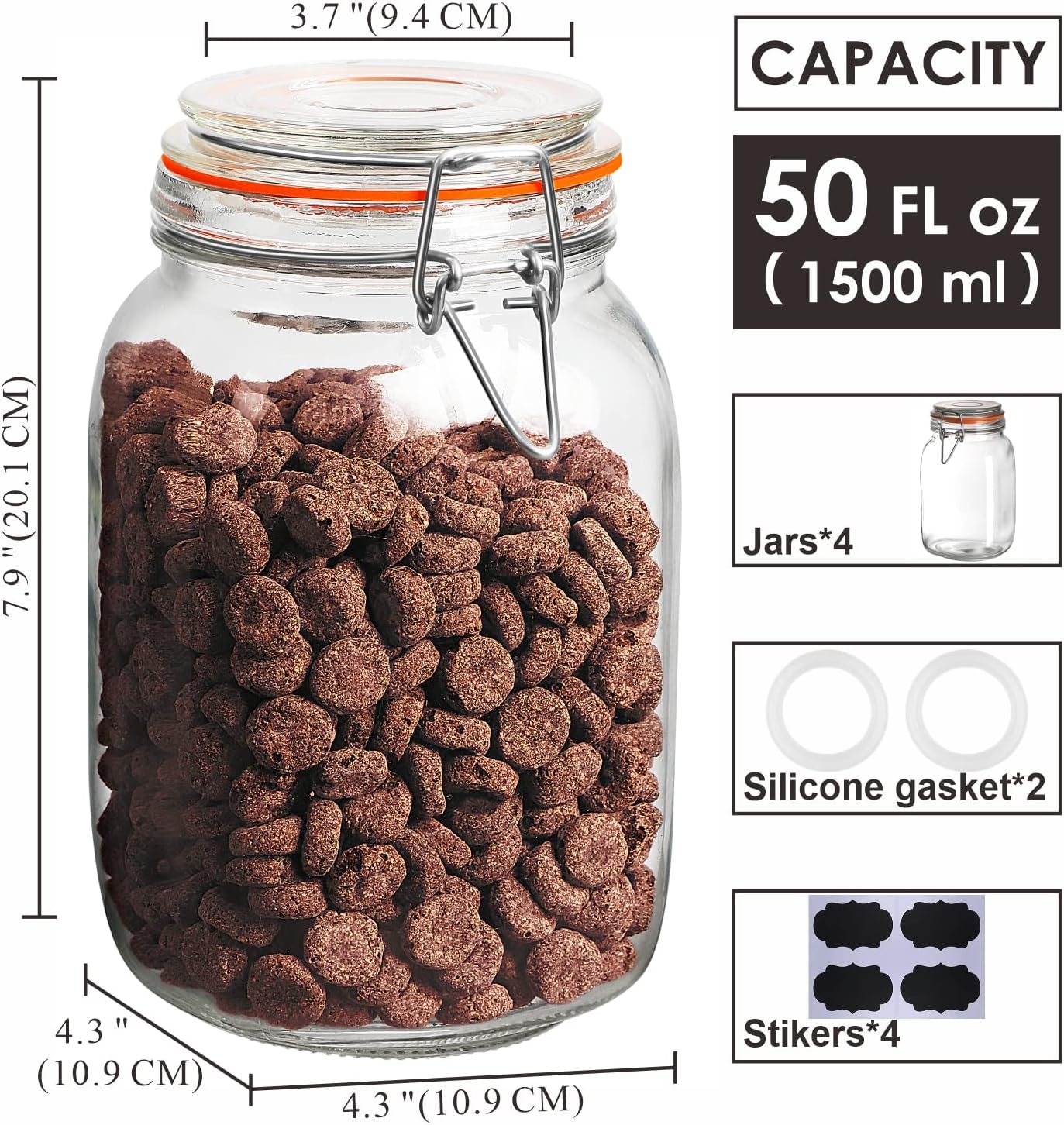 [UPGRADE] 2 Pack Square Super Wide Mouth Airtight Glass Storage Jars with Lids, 1.1 Gallon Glass Container with 2 Measurement Marks, Canning Jars with Leak-proof Lid for Kitchen (Spare Gasket)
