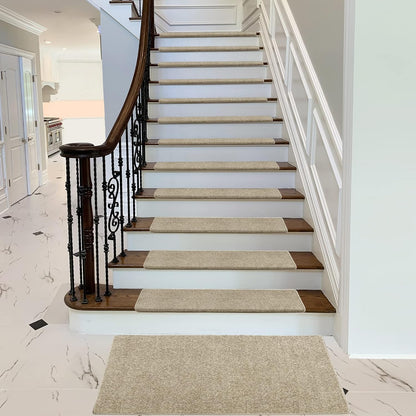 PURE ERA Bullnose Carpet Stair Treads Set Tape Free Non-Slip Indoor Stair Protectors Pet Friendly Rugs Covers Soft Skid Resistant Washable Reusable 9.5" x 30"(14 Pieces,Cream Gray)