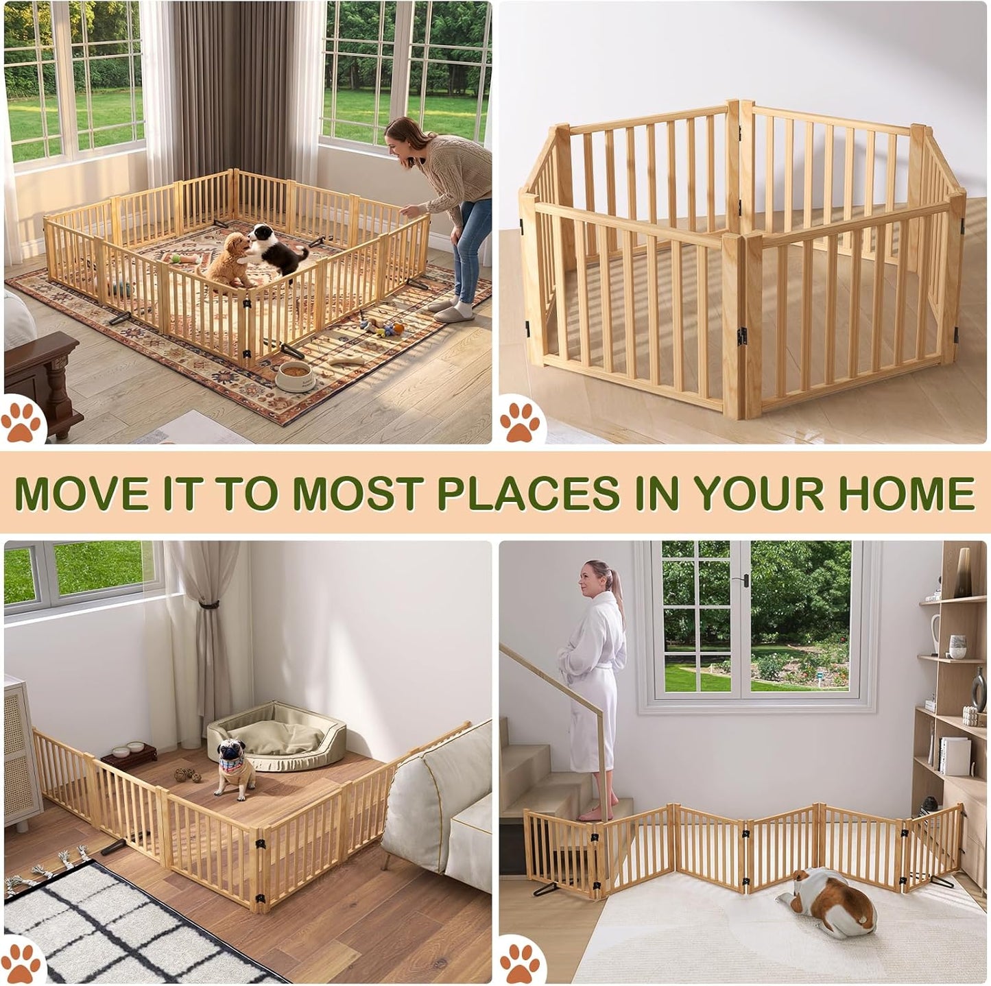 Wooden Freestanding Dog Gates,23" H Foldable Wood Pet Gate Indoor, No-Painted Puppy Gate for Doorways, Stairs, 23" Height-2 Panels
