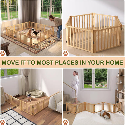 Wooden Freestanding Dog Gates,23" H Foldable Wood Pet Gate Indoor, No-Painted Puppy Gate for Doorways, Stairs, 23" Height-2 Panels