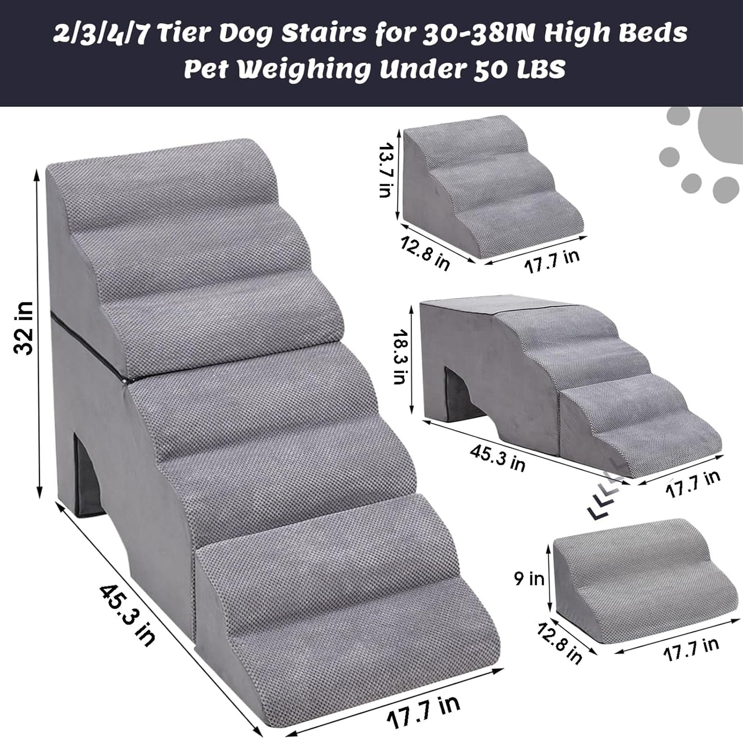 Dog Stairs for High Beds 30-36 inches Tall, 6-Step Dog Steps for Bed 32-36 inches for Small Large Dogs, Doggie Ramp for Bed, 30D Foam Pet Stairs for Old Dogs/Cats, Free-Installation, Grey