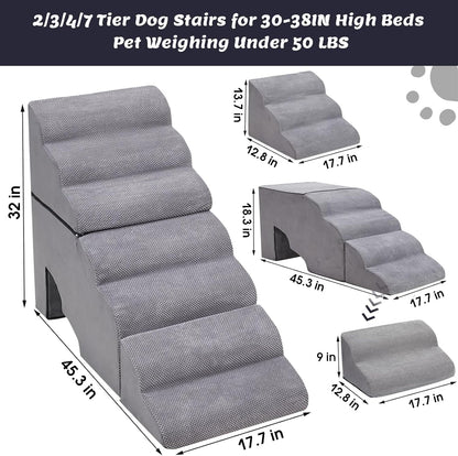 Dog Stairs for High Beds 30-36 inches Tall, 6-Step Dog Steps for Bed 32-36 inches for Small Large Dogs, Doggie Ramp for Bed, 30D Foam Pet Stairs for Old Dogs/Cats, Free-Installation, Grey