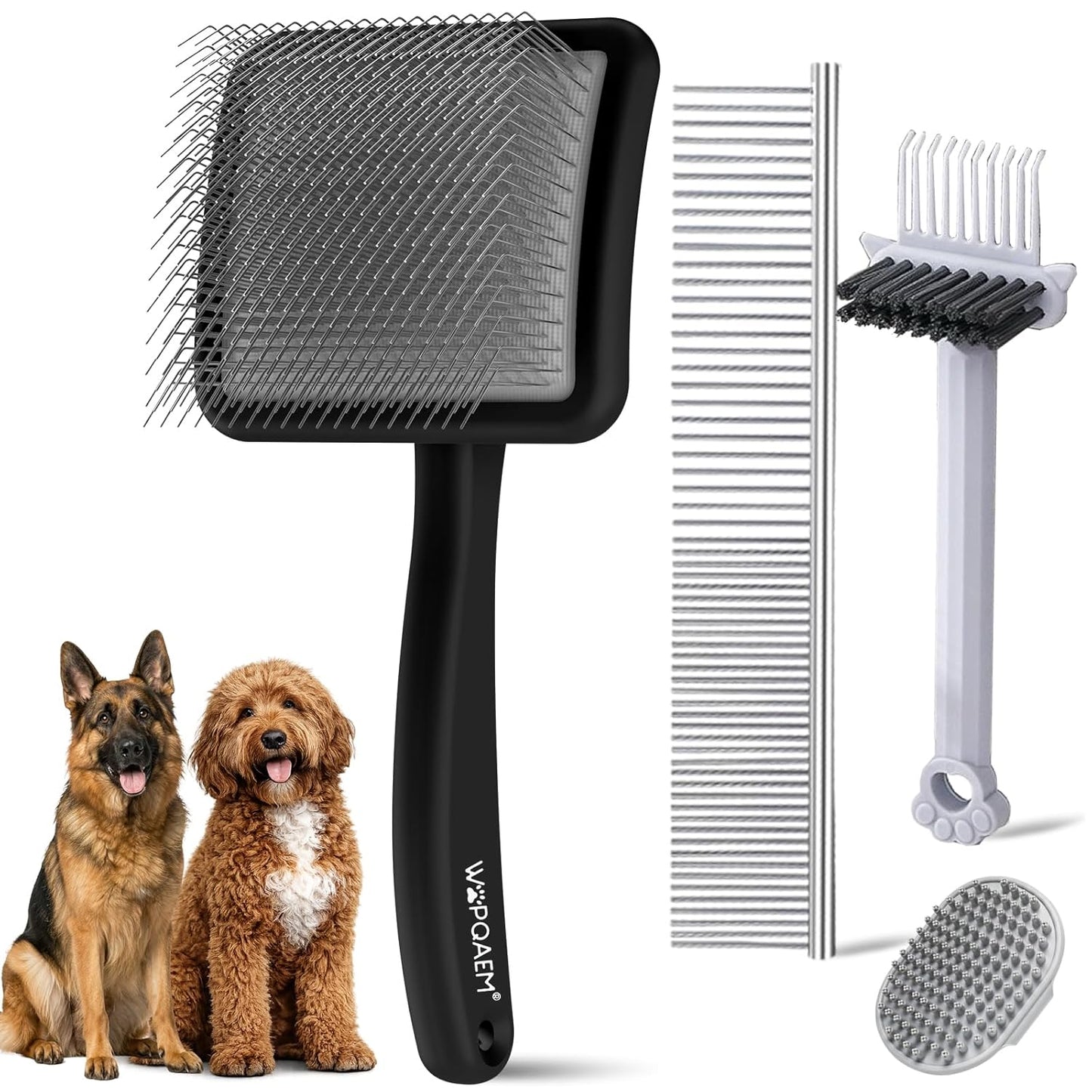 WPQAEM Dog Slicker Brush Set for Detangling & Shedding, Deep Grooming Kit for Thick, Curly & Double Coats (Goldendoodle, German Shepherd), Includes Metal Comb, Cleaning Tool & Bath Brush