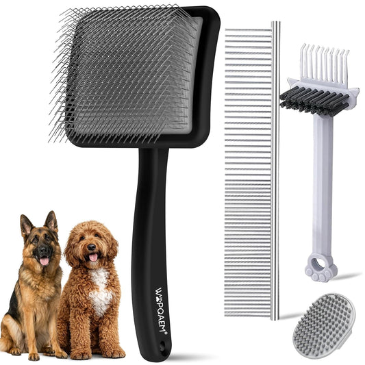 WPQAEM Dog Slicker Brush Set for Detangling & Shedding, Deep Grooming Kit for Thick, Curly & Double Coats (Goldendoodle, German Shepherd), Includes Metal Comb, Cleaning Tool & Bath Brush