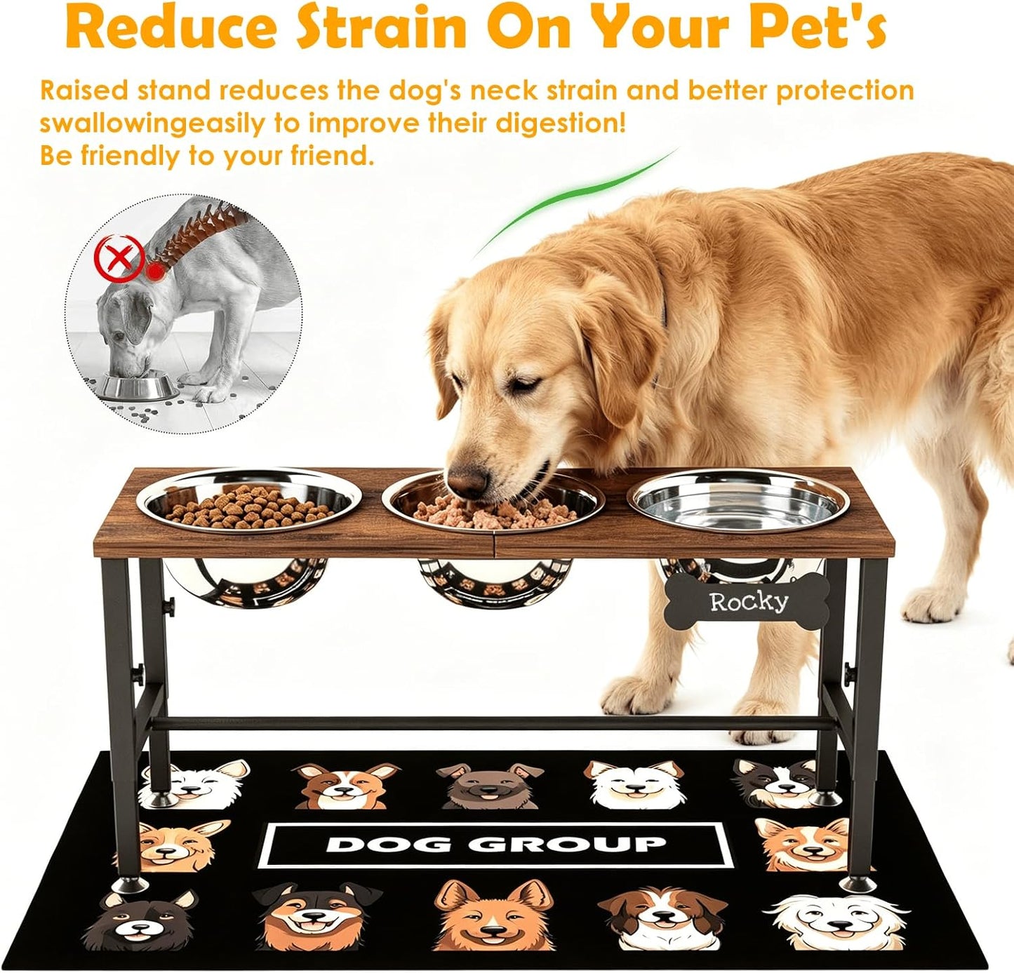 ADENGL Metal Raised Dog Bowl, 10" Tall Elevate Dog Feeder Stand with 2 Stainless Steel 42oz Bowls & 16x24 Non-Slip Mat – Stronger Dogs Food & Water Bowl Stand (Black)