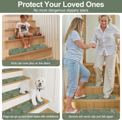 OJIA Floral Stair Treads Non-Slip Carpet Stair Treads for Wooden Steps Indoor 15PCS 30"x8" Stair Runner Stair Mats Staircase Step Treads for Kids, Elders and Dogs, Stair Covers, Black