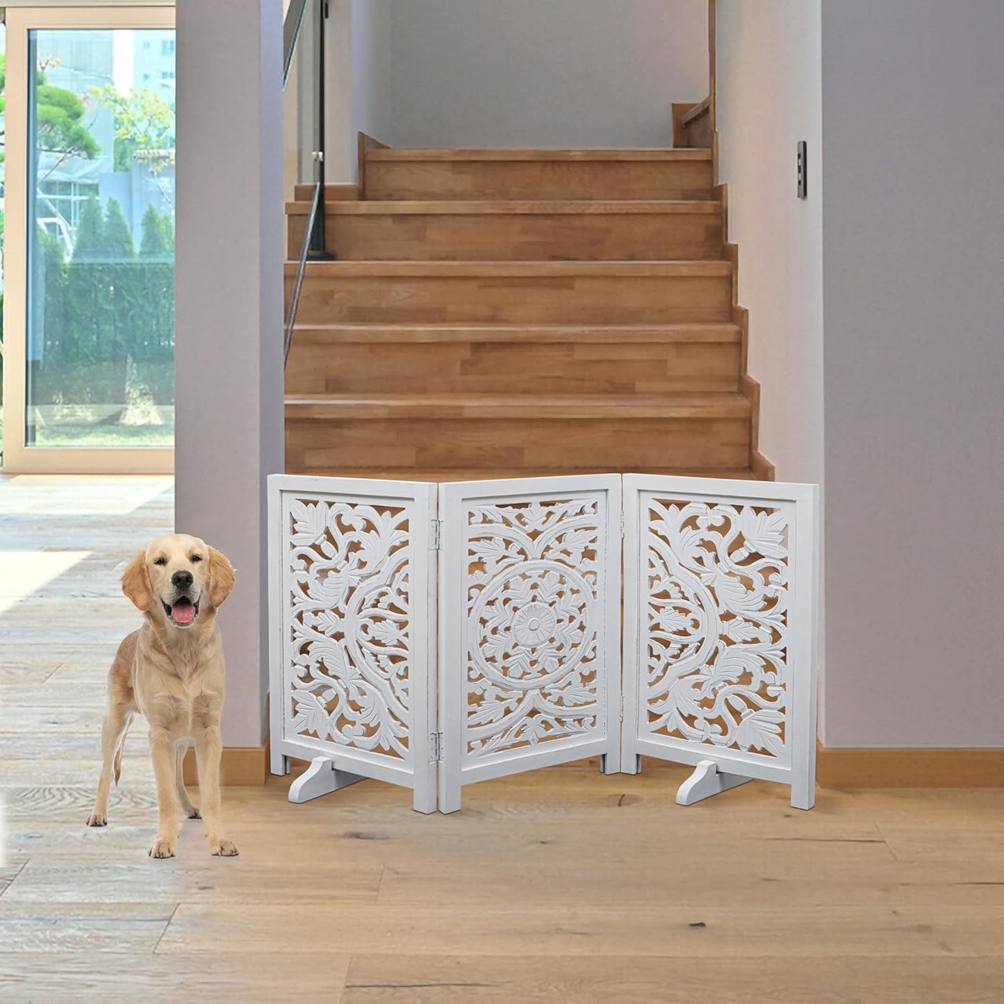 Freestanding Pet Gate for Dogs, Foldable Wooden Dog Gate for House, Indoor Dog Gate for Stair, Doorway, House Design Gates for Dogs Indoor, 72 Inch Wide, (18" x4 Panels 72 inch), Burnt Finish