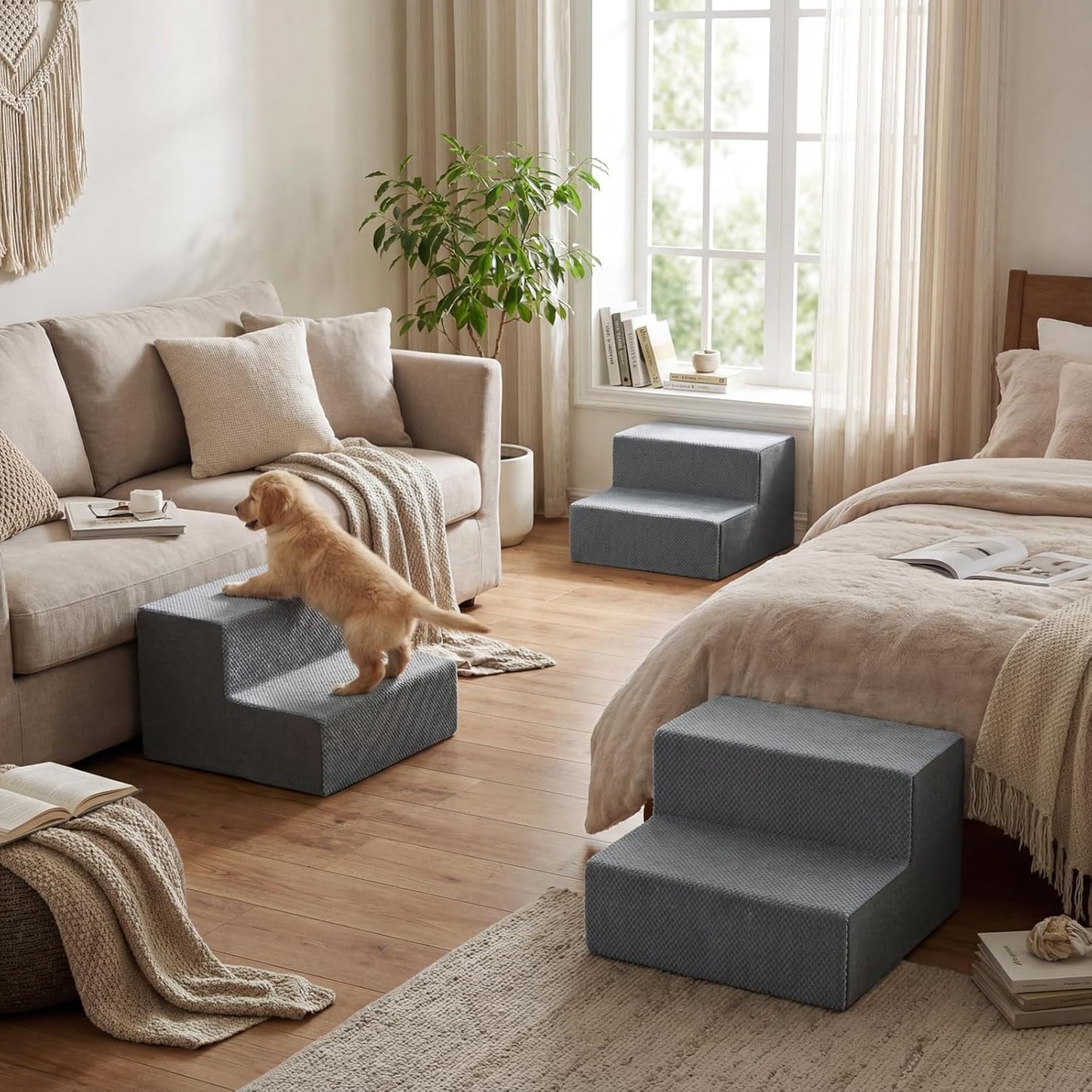 YENING Large Dog Stairs for High Beds - Extra Wide Pet Steps for Large Dogs to Get on Tall Bed 3 Deep Step Cat Ramp for Couch