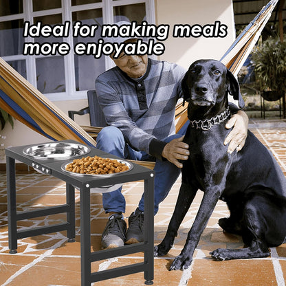 ADENGL Metal Raised Dog Bowl, 10" Tall Elevate Dog Feeder Stand with 2 Stainless Steel 42oz Bowls & 16x24 Non-Slip Mat – Stronger Dogs Food & Water Bowl Stand (Black)
